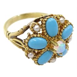 Silver-gilt turquoise, pearl opal cluster ring, stamped Sil