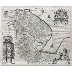 After Johannes Blaeu (Dutch 1571-1638): 'Lincolnia Comitatus Anglis Lincolnshire', two-sided engraved map with text verso pub. c.1648, 42cm x 50cm
