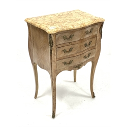 Small French kingwood and walnut serpentine front chest, with marble top, fitted with three drawers, gilt metal mounts, raised on slender shaped supports and sabot feet