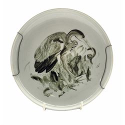 Copenhagen stoneware bowl centrally painted with a Heron amidst grasses, initialled R beneath, D20cm 