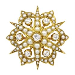 Victorian 18ct gold old cut diamond and split pearl star brooch, total diamond weight approx 0.60 carat
