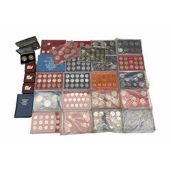 Great British coins including one shilling and sixpence coins housed in plastic displays with pre 1947 silver examples, various other unofficial coin displays, King George VI 1950, 1951 and Queen Elizabeth II 1953 pennies in a case, silver proof ten pence two coin set without certificate etc