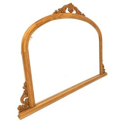 Pine framed overmantel mirror, applied carved acanthus leaf pediment over arched mirror 128cm x 90cm