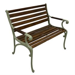 Cast iron and wooden slatted garden bench, green finished ends with scrolling decoration 