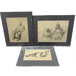 Harold Hope Read (British 1881-1959): 'Self Portrait' 'Interior Scene' and 'Lady at Rest', two pencil sketches and one pen and ink sketch (respectively), signed, labelled verso max 22cm x 30cm (3) (unframed)