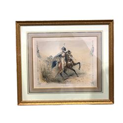 After Victor Adam (French 1801-1866): 'Abdul Medjid - Emperor de Turquie', 19th century lithograph with hand colouring together with etching of a house, reproduction map, mixed media beaded picture and two prints of cars max 45cm x 60cm (6)