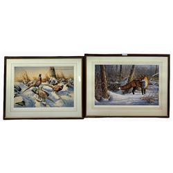 After James 'Jim' Hautman (British 1964-): Winter Fox, limited edition print signed in pencil and numbered 491/950 together with after Rosemary Millette (British contemporary): Pheasants in Snow, limited edition print signed in pencil and numbered 146/950 max 43cm x 69cm (2)