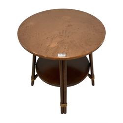 Mid-20th century beech pub table with circular hammered copper top, on splayed supports joined by circular undertier