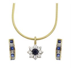 Pair of gold sapphire and diamond chip half hoop earrings and a sapphire and cubic zirconia cluster pendant necklace, all hallmarked 9ct
