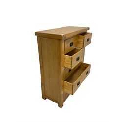 Light oak chest, the rectangular top over four small and three long drawers, raised on stile supports W100cm, H122cm, D45cm 
