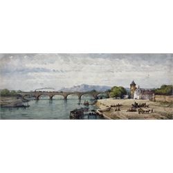 Gabriele Carelli (Italian c.1820-1900): Unloading on the River Quay with a Steam Train crossing the Viaduct in the Distance, watercolour signed 13cm x 35cm