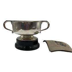 Edwardian silver two handled trophy 'Badsworth Hunt Point to Point presented by Mr Hope Barton' D20cm on wooden base London 1904 Maker Skinner & Co and a copy of The Badsworth by William Scarth-Dixon 