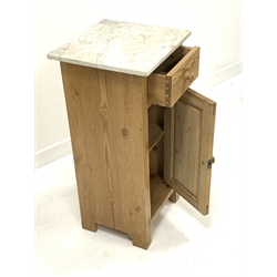 Stripped pine bedside cupboard, with marble top over one drawer and panelled cupboard enclosing a shelf, raised on stile supports, W39cm, H81cm, D37cm