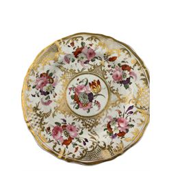 Group of 19th century English porcelain, mostly attributed to Coalport, to include a pair of floral painted tea plates pattern no. 830, another pair of plates with relief moulded and floral painted decoration, spill vase, a small basket, two saucers and a circular stand 