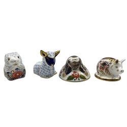 Four Royal Crown Derby paperweights comprising a Mole, a Collectors Guild Exclusive, dated 1994, Lamb, 1992, 'Poppy Mouse' Collectors Guild Exclusive and Pig, 1995 (4)