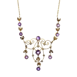 Edwardian Art Nouveau 9ct gold amethyst and split seed pearl necklace, of open work scroll and foliage design
