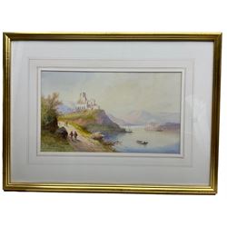 Edwin St John (British 1878-1961): Mediterranean Lakeside Fortress and Figures on the Italian Coast, set three watercolours signed max 24cm x 47cm (3)