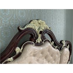 Rococo style 6 Super Kingsize bed, ornate shaped and floral design in wood finish, upholstered buttoned headboard, decorated with scrolled foliate and flower heads, together with mattress