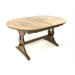 20th century oak dining table, with additional concealed leaf, raised on panel end supports and sledge feet, W152cm x 97cm, H75cm