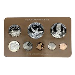 Four Cook Island proof eight coin sets, dated 1976, 1977, 1978, 1979, from one cent to five dollars, produced by The Franklin Mint, all cased with certificates (4)