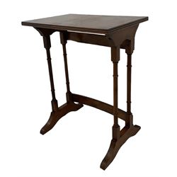 Early 20th century yew wood nest of three tables, rectangular ebony strung top with reeded edge, ring turned end supports with sledge feet