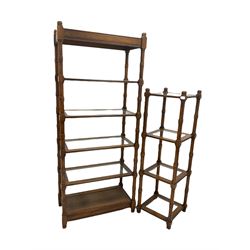 20th century hardwood five tier etagere, each shelf with inset glass panel, raised on turned supports, together with a smaller four tier etagere of similar design 