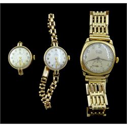 Two Cyma 9ct gold ladies manual wind wristwatches, one on 9ct gold bracelet and a 9ct gold Rotary Super Sports wristwatch, on gold-plated strap