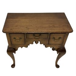 George III design oak lowboy, rectangular top with moulded edge, fitted with three cockbeaded drawers, shaped apron, raised on cabriole supports with pad feet