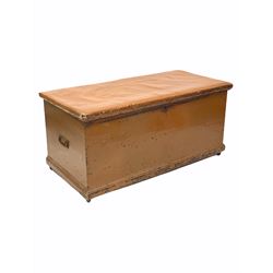 Late 19th century painted pine blanket box, upholstered hinged top, carry handle to each end, raised on castors W111cm