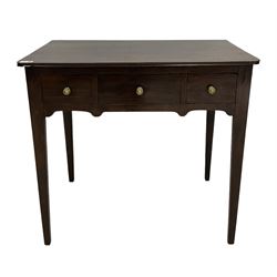George III mahogany side table, the rectangular top over three frieze drawers, raised on square tapering supports 