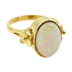 Gold single stone opal ring, with flower decoration wither side, stamped 18ct