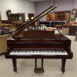 Steinway & Sons - Model O overstrung Grand Piano serial No 576699, manufactured in Hamburg 2006, with 88 keys (7 octaves) in a mahogany finished case with Steinway square-bottom legs and brass rollers castors, with combination agraffe front and rear duplex scale, treble strings with twelve whole and one-half sizes, bass strings copper wound with a steel core, nickel head tuning pins, Steinway hammers, keys, felts, and dampers, with una-corda, sostenuto and sustain pedals.
L 5'10-3/4