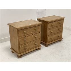 Pair solid pine three drawer bedside chests, W50cm