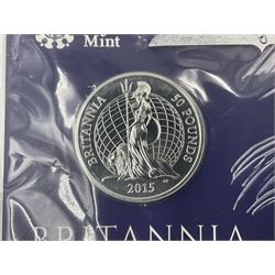The Royal Mint United Kingdom 2015 'Britannia' fine silver fifty pound coin, on card