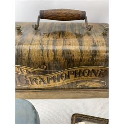 Early 20th century 'The Graphophone', by the Columbia Phonograph Company, with aluminium horn in oak case and with nine cylinders