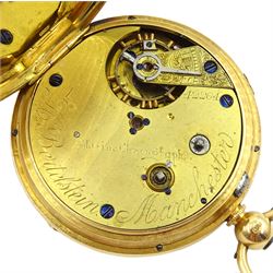 Victorian 18ct gold open face, key wound marine decimal chronograph by H Bertestein Manchester, No. 42264, white enamel dial with Roman numerals, outer seconds track numbered 25-300, case hallmarked London 1879