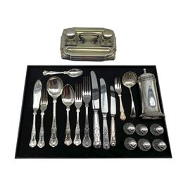 Suite of Kings pattern plated cutlery including dessert and table knives and forks, fish cutlery etc (78), plated inkstand, caster etc