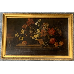 Follow of Jean-Baptise Monnoyer (1636 -1699) -  Still life of a basket of flowers on a stone shelf, oil on canvas 60cm x 100cm