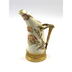 Late Victorian Worcester tusk shape jug painted with sprays of flowers on a blush ivory ground and with naturalistic handle H15cm