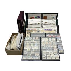 Stamps, including Queen Elizabeth II mint stamps, stamps in packets etc, housed in various folders, stockbooks and loose, in one box