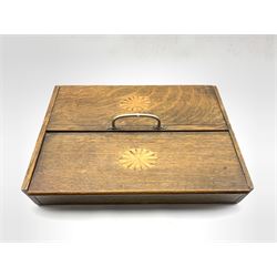 Early 20th Century inlaid oak two division cutlery box and contents including bone handled knives, plated cutlery etc