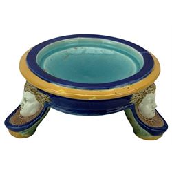 Victorian majolica jardiniere stand by Joseph Holdcroft, of circular form with three mask supports, W27cm x H12cm 