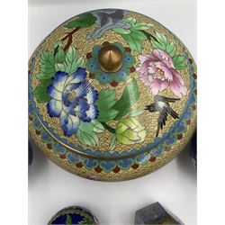 20th century Chinese bowl and cover decorated with birds and flowers on beige ground, D21cm, pair of Chinese Cloisonne vases, hexagonal Cloisonne jar and cover etc