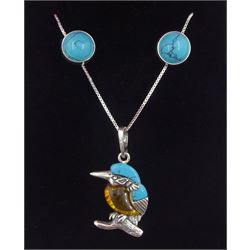 Silver amber and turquoise kingfisher pendant necklace and a pair of silver turquoise circular stud earrings, both stamped 925