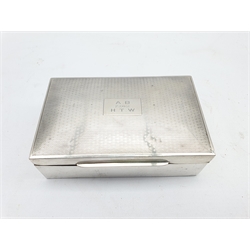 Silver cigarette box with engine turned cover engraved with initials L14cm Birmingham 1927