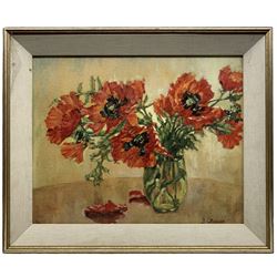 Cleaver (British Mid-20th century): Still Life of Poppies in a Vase, oil on board signed 41cm x 52cm