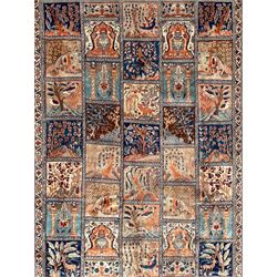 Persian Bakhtiari carpet, decorated with various panels depicting landscape scenes, birds, animals, Mirabs and tree of life designs, multi-band border decorated with scrolling and stylised plant motif panels 