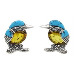 Pair of silver Baltic amber and turquoise kingfisher stud earrings, stamped 925