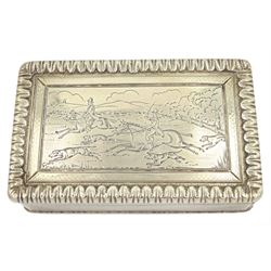 Early Victorian silver rectangular snuff box, the hinged cover engraved with a hunting scene with leaf and engine turned decoration and gilded interior 9cm x 5.5cm London 1837 Maker Thomas Edwards 5oz