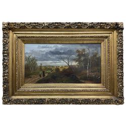 Charles Duval (French 19th century): Figures on a Winter Path and Figures by a River, pair oils on canvas signed and dated 1896, housed in matching heavy gilt frames 29cm x 56cm (2)
